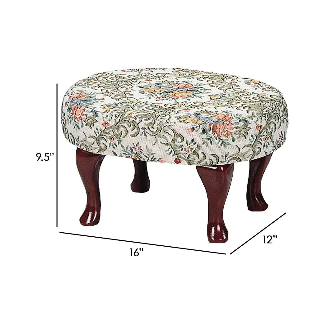 16 Inch Vintage Accent Footstool, Floral Motif Fabric, Merlot Cabriole Legs By Casagear Home