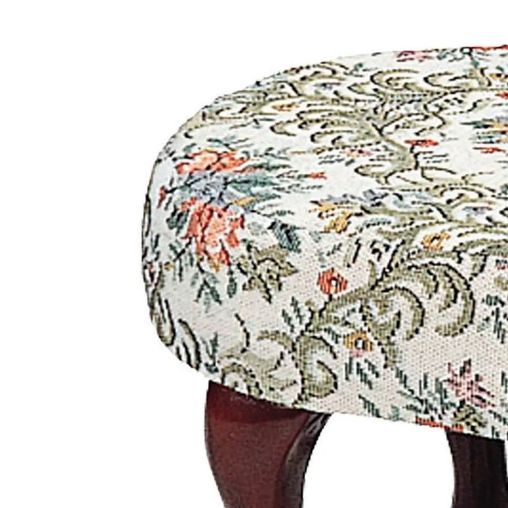16 Inch Vintage Accent Footstool, Floral Motif Fabric, Merlot Cabriole Legs By Casagear Home