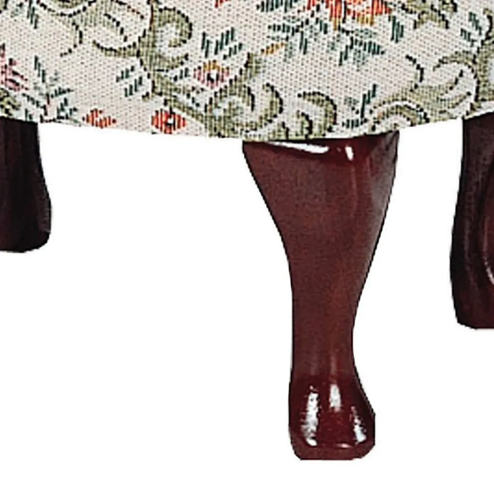 16 Inch Vintage Accent Footstool, Floral Motif Fabric, Merlot Cabriole Legs By Casagear Home
