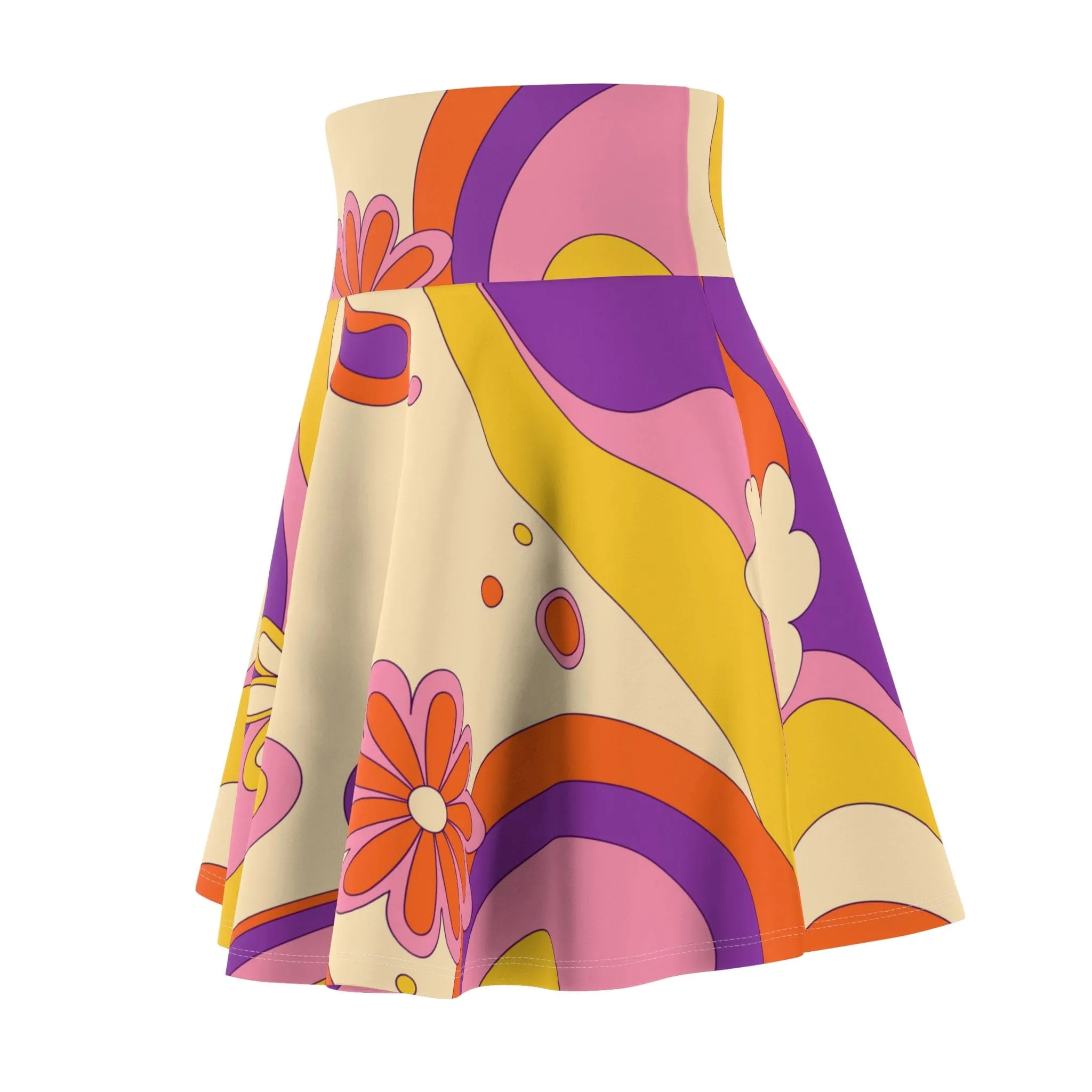 60s, 70s Retro Flower Power Custom Women's Skater Skirt in Mid Century Modern Boho Shades of Beige, Burnt Orange, Mustard Yellow and Pink