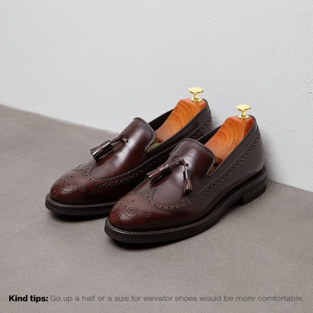 7CM / 2.76 Inches CMR CHAMARIPA Elevator Shoes For Men Business Taller Shoes Burnished Calfskin Longwing Brogue Tassel Loafers Red Wine