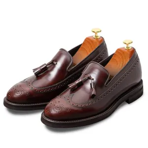 7CM / 2.76 Inches CMR CHAMARIPA Elevator Shoes For Men Business Taller Shoes Burnished Calfskin Longwing Brogue Tassel Loafers Red Wine
