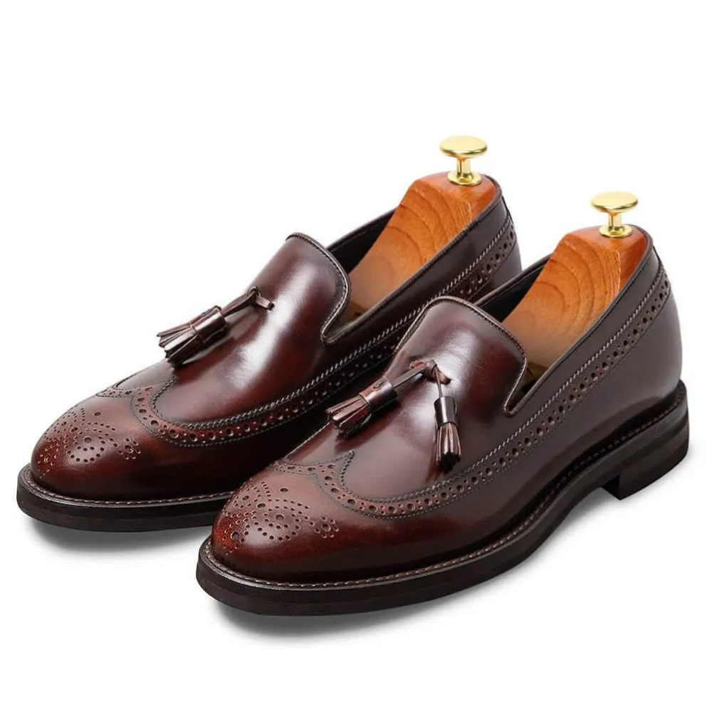 7CM / 2.76 Inches CMR CHAMARIPA Elevator Shoes For Men Business Taller Shoes Burnished Calfskin Longwing Brogue Tassel Loafers Red Wine