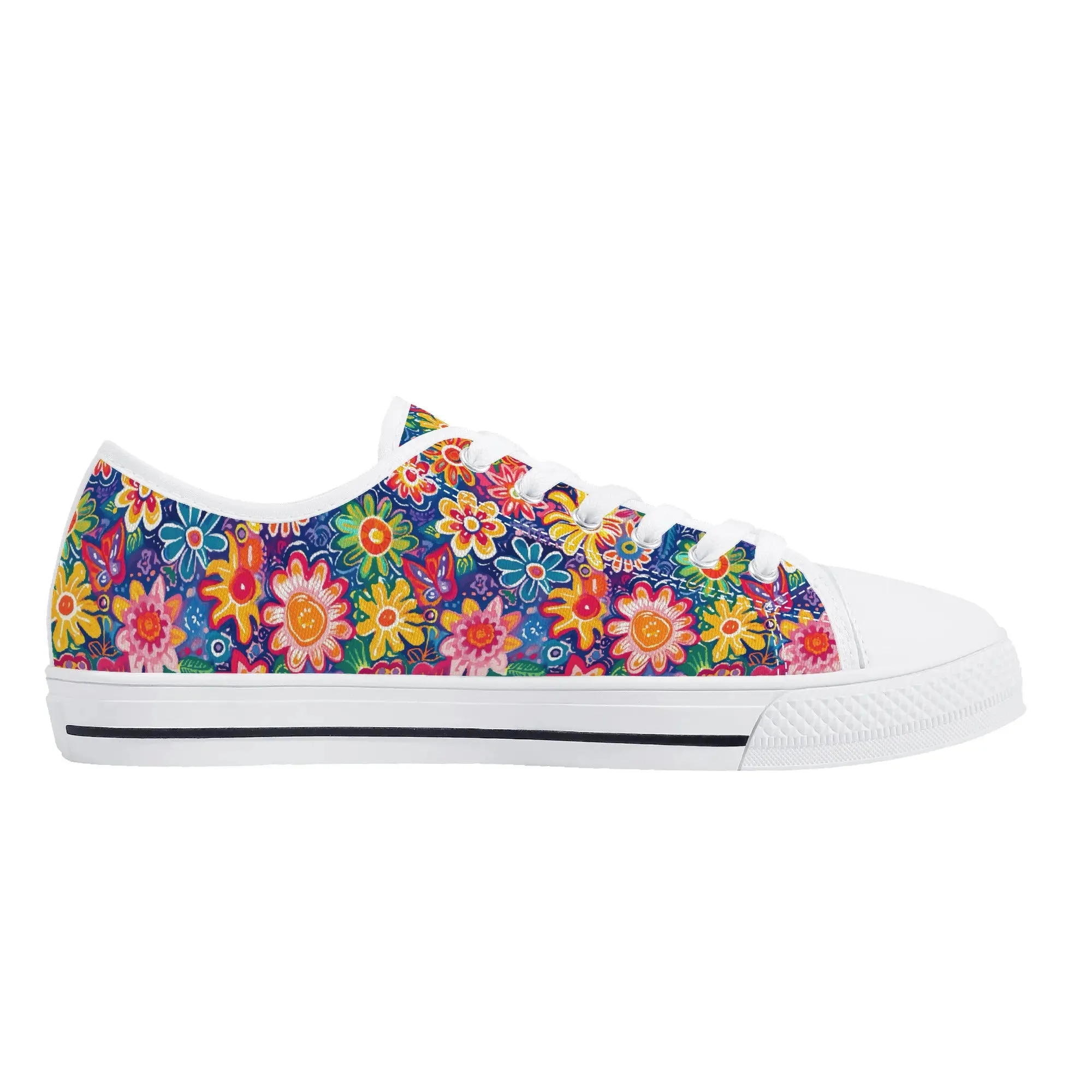 Fluttering Kaleidoscope: Vibrant Multicolor Flowers and Butterflies in Flight Womens Low Top Canvas Sneakers US5.5 - US12