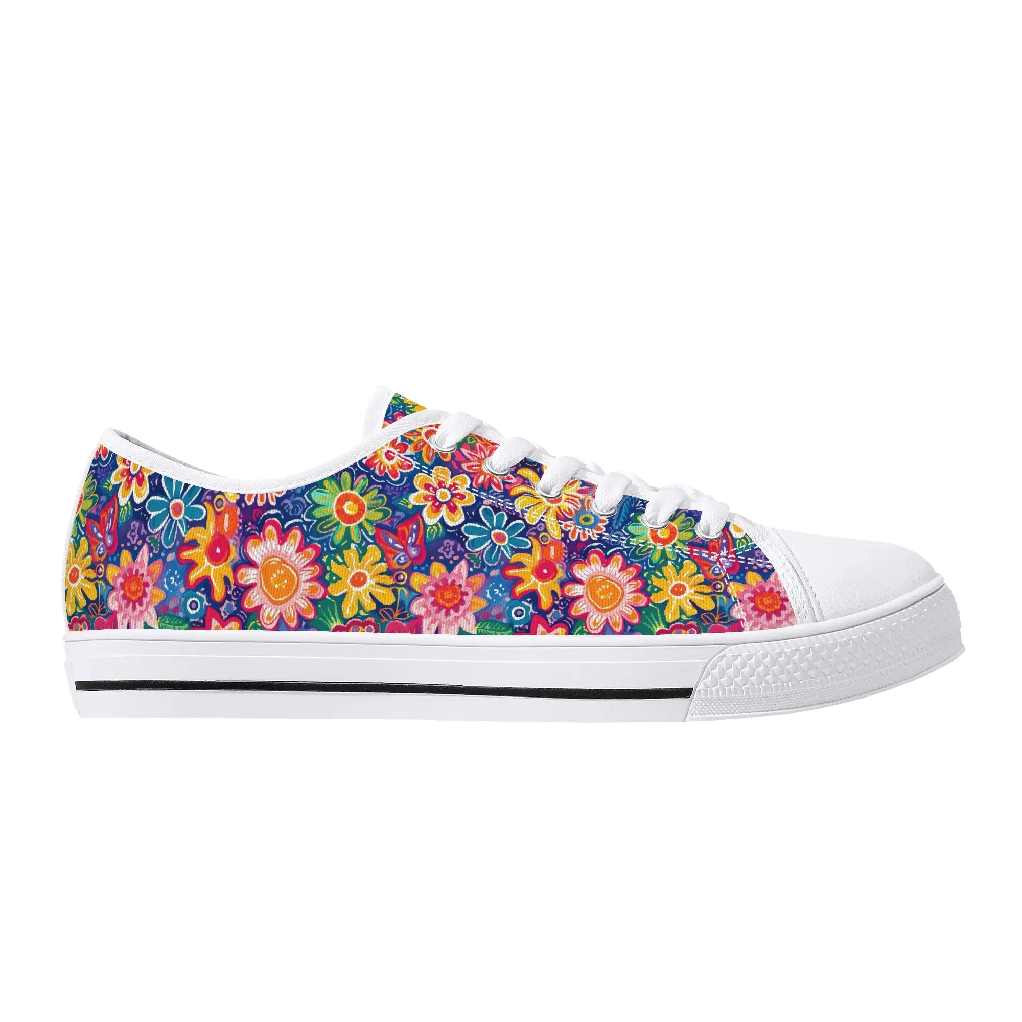 Fluttering Kaleidoscope: Vibrant Multicolor Flowers and Butterflies in Flight Womens Low Top Canvas Sneakers US5.5 - US12
