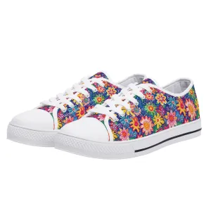 Fluttering Kaleidoscope: Vibrant Multicolor Flowers and Butterflies in Flight Womens Low Top Canvas Sneakers US5.5 - US12