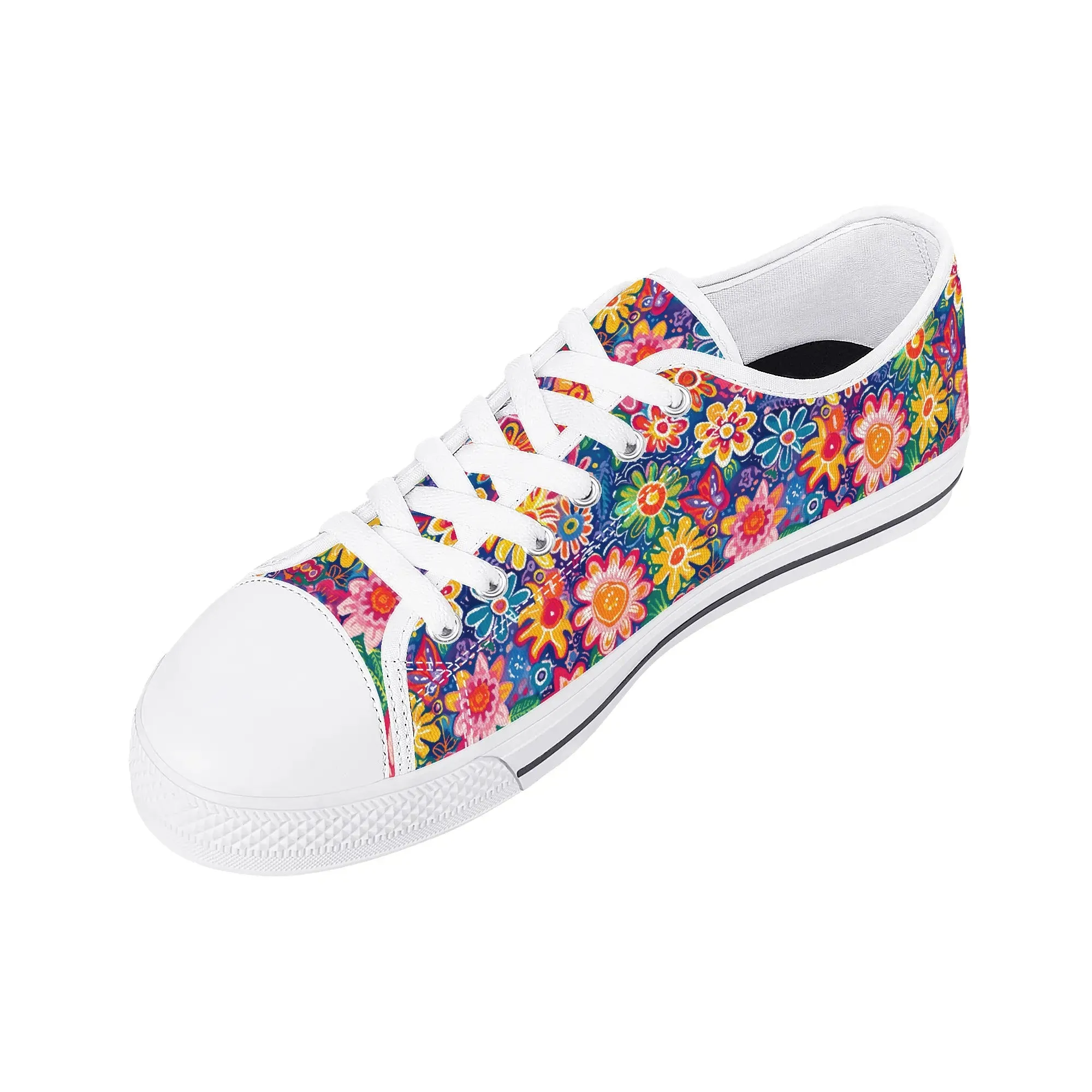 Fluttering Kaleidoscope: Vibrant Multicolor Flowers and Butterflies in Flight Womens Low Top Canvas Sneakers US5.5 - US12