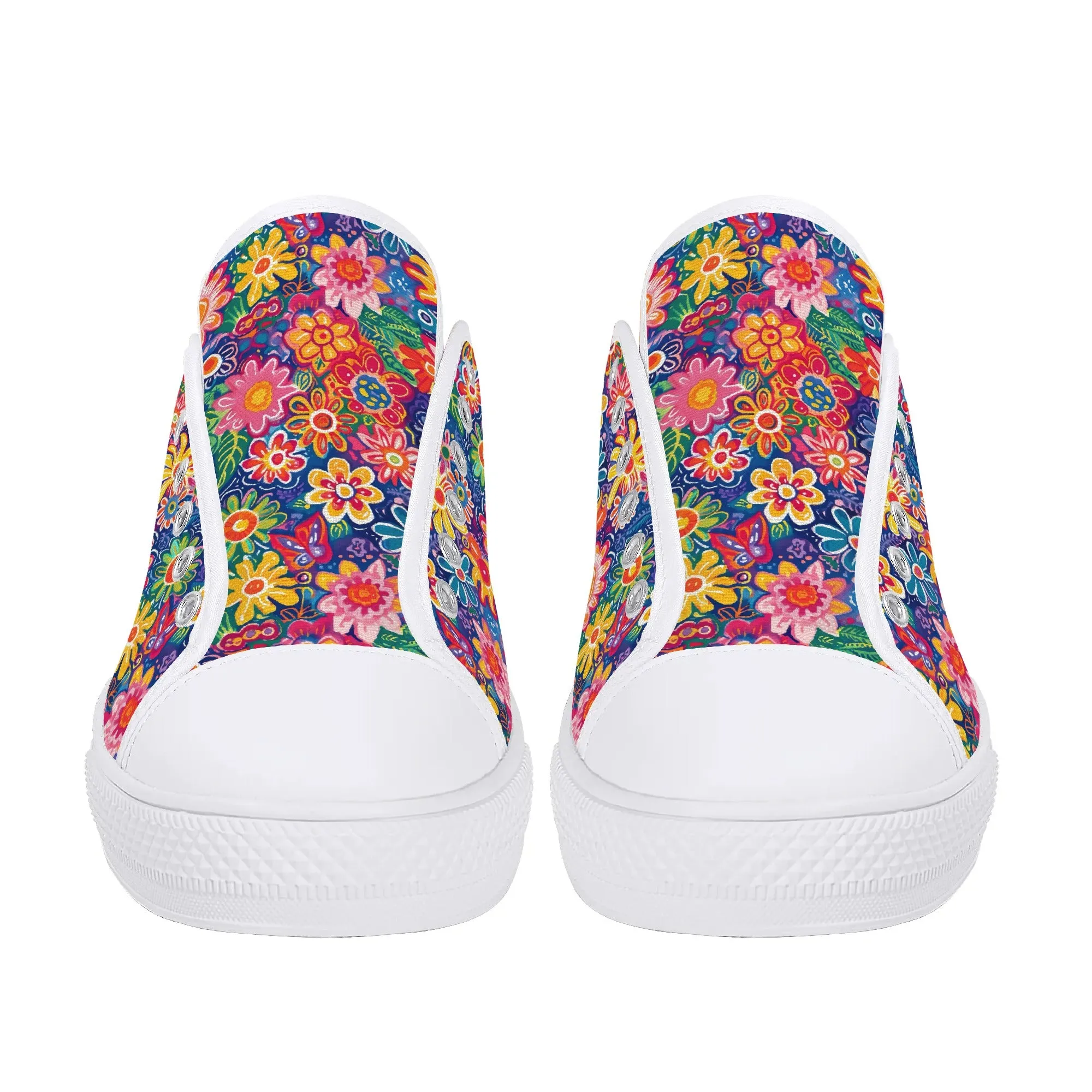 Fluttering Kaleidoscope: Vibrant Multicolor Flowers and Butterflies in Flight Womens Low Top Canvas Sneakers US5.5 - US12