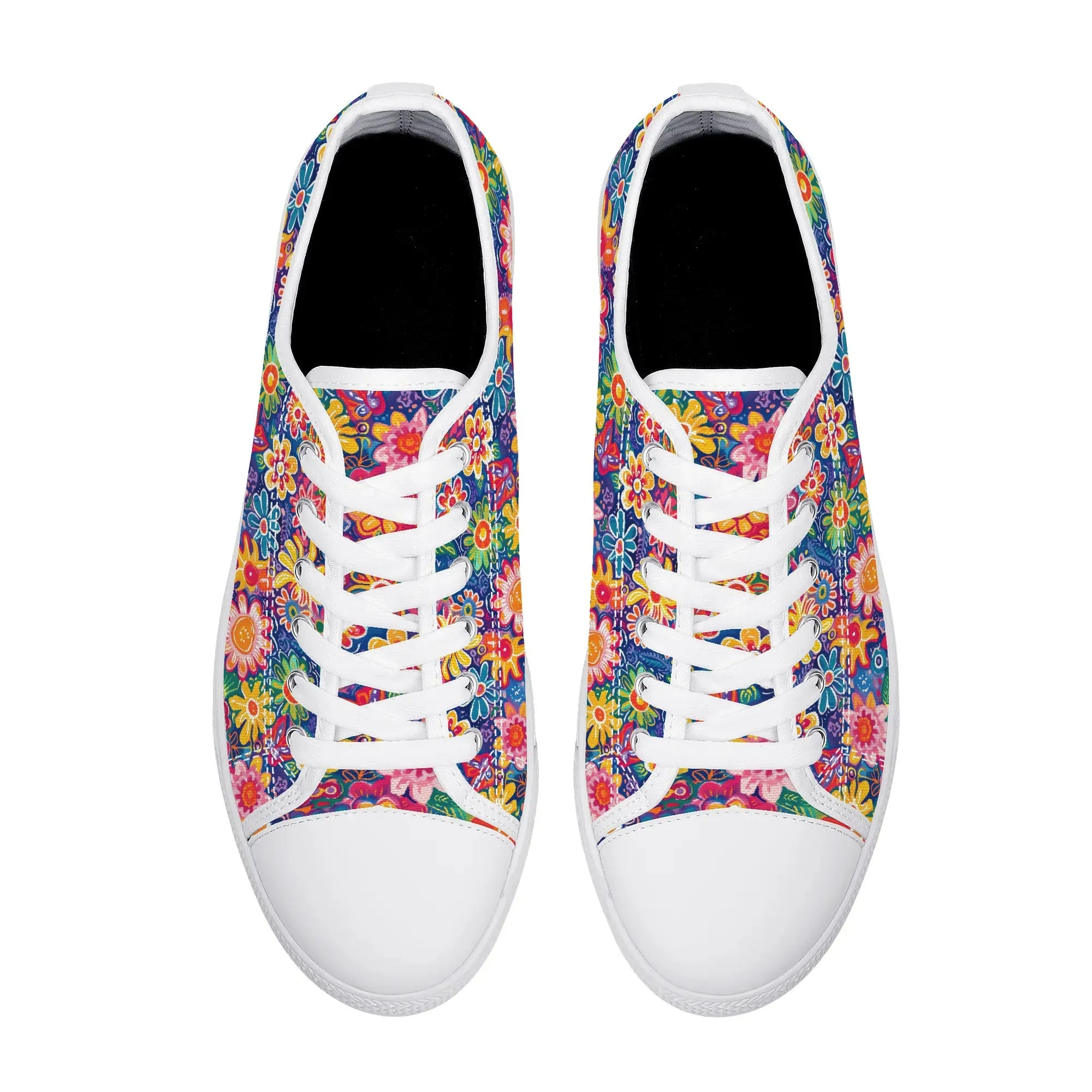 Fluttering Kaleidoscope: Vibrant Multicolor Flowers and Butterflies in Flight Womens Low Top Canvas Sneakers US5.5 - US12