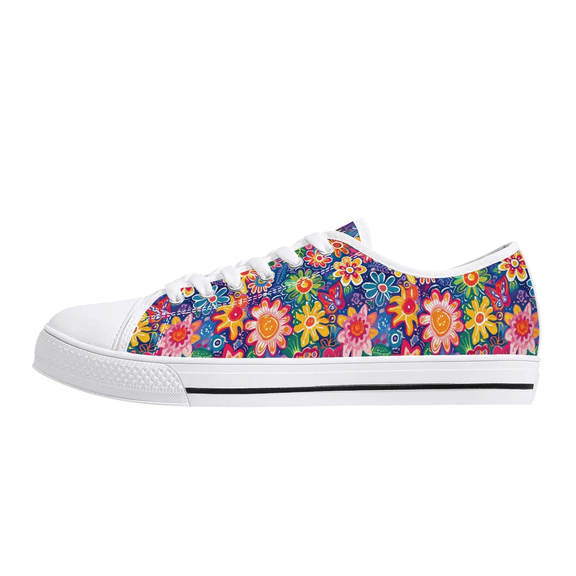 Fluttering Kaleidoscope: Vibrant Multicolor Flowers and Butterflies in Flight Womens Low Top Canvas Sneakers US5.5 - US12