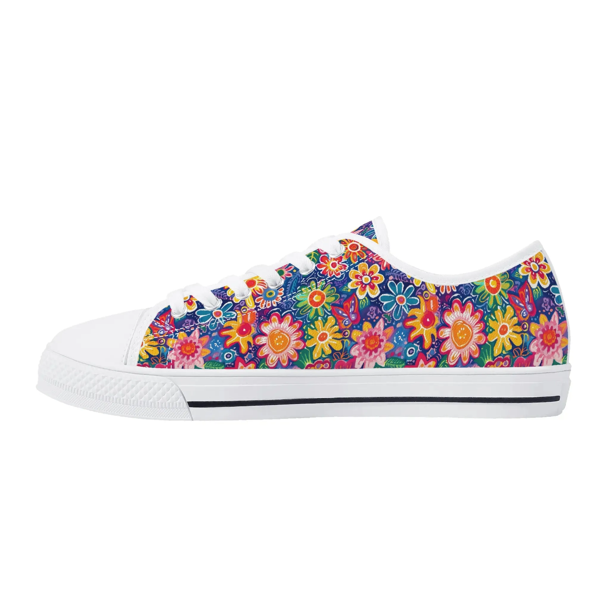 Fluttering Kaleidoscope: Vibrant Multicolor Flowers and Butterflies in Flight Womens Low Top Canvas Sneakers US5.5 - US12