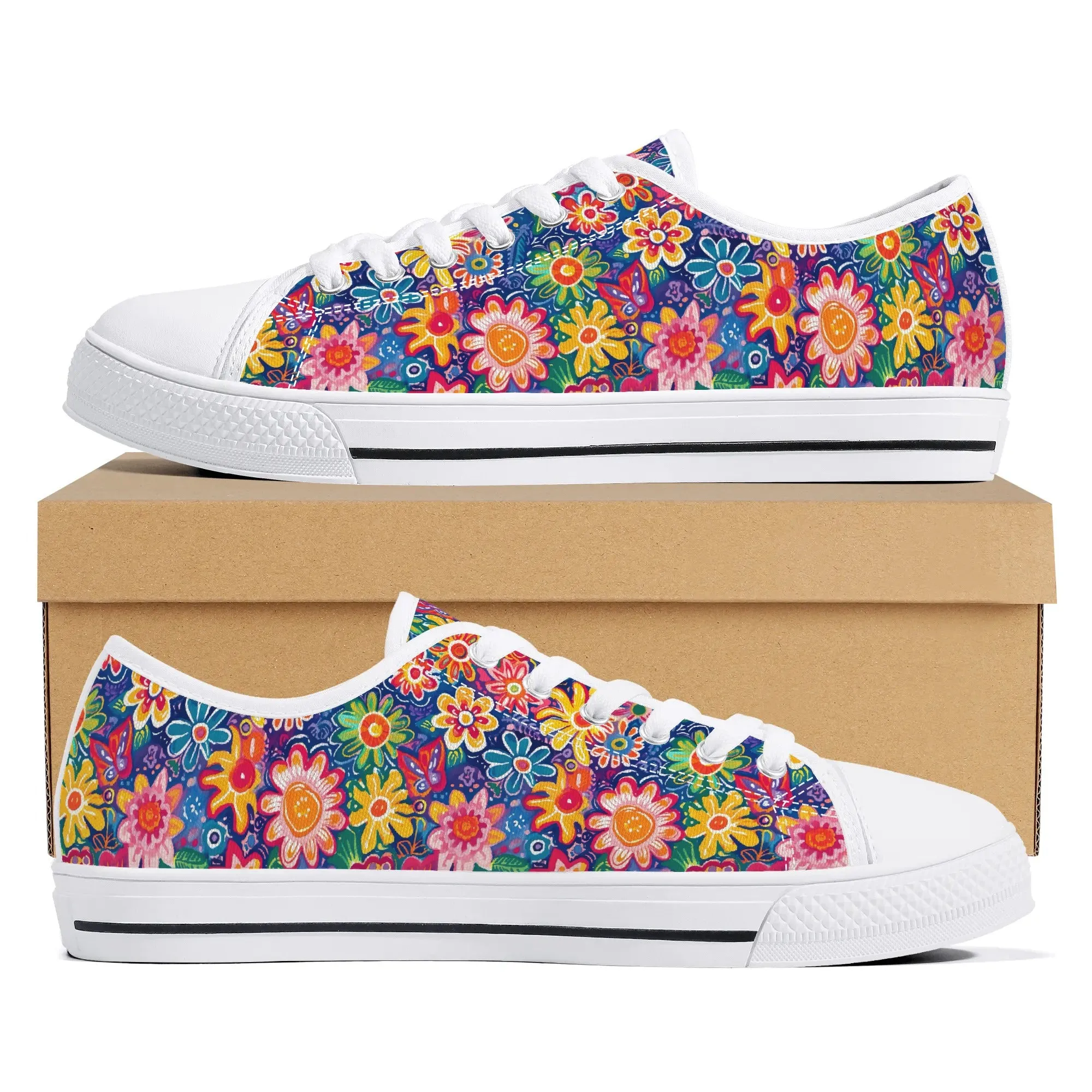 Fluttering Kaleidoscope: Vibrant Multicolor Flowers and Butterflies in Flight Womens Low Top Canvas Sneakers US5.5 - US12