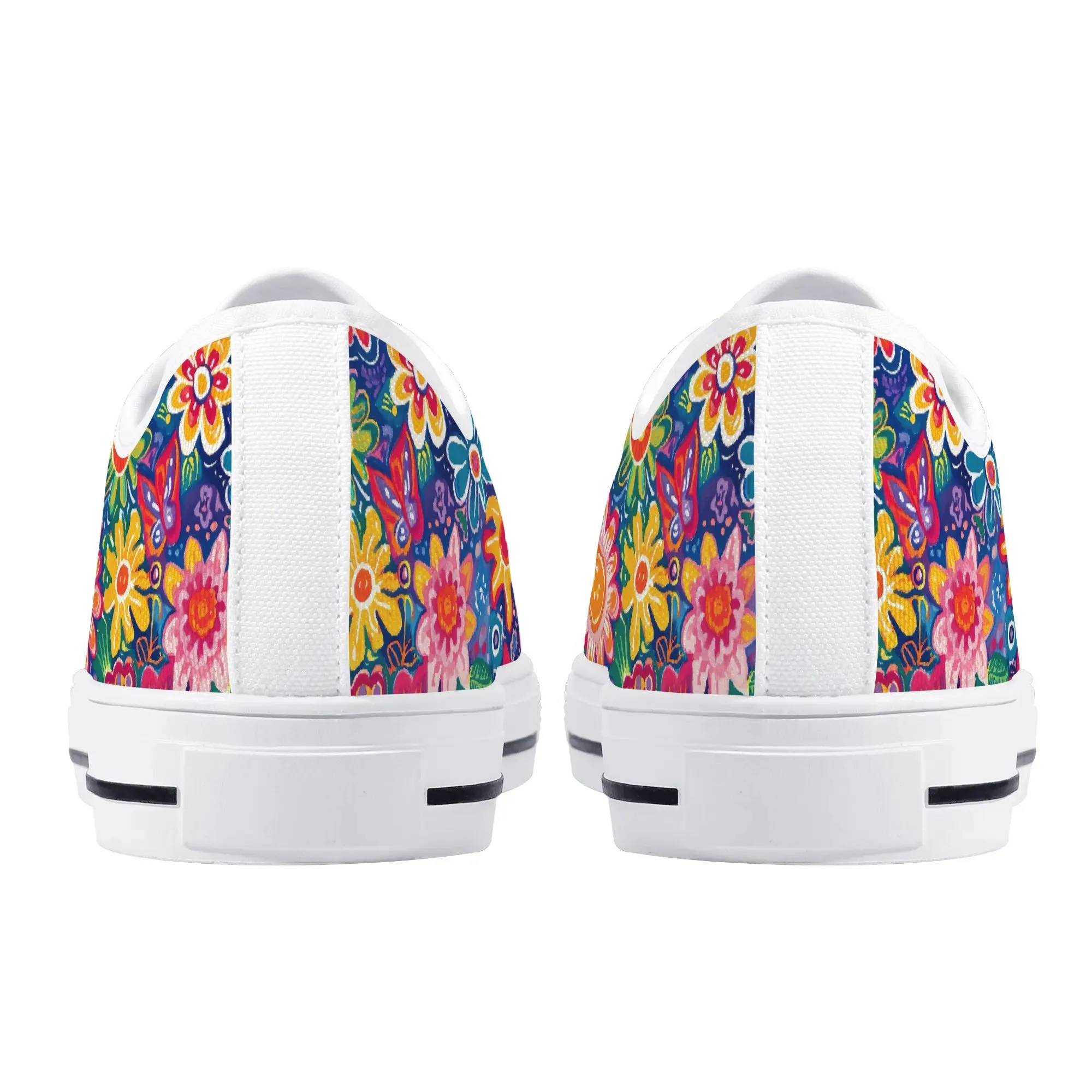 Fluttering Kaleidoscope: Vibrant Multicolor Flowers and Butterflies in Flight Womens Low Top Canvas Sneakers US5.5 - US12