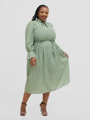 Hessed Polka Dot Ruffle Flare Sleeve Beled Chiffon Dress - Green
