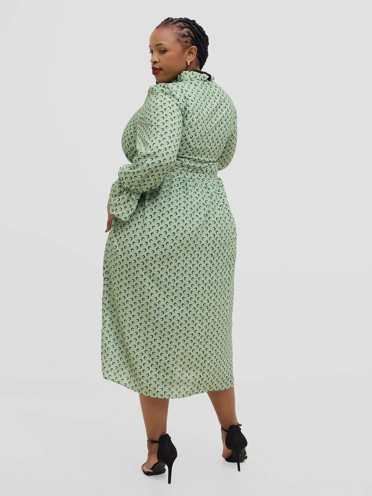 Hessed Polka Dot Ruffle Flare Sleeve Beled Chiffon Dress - Green