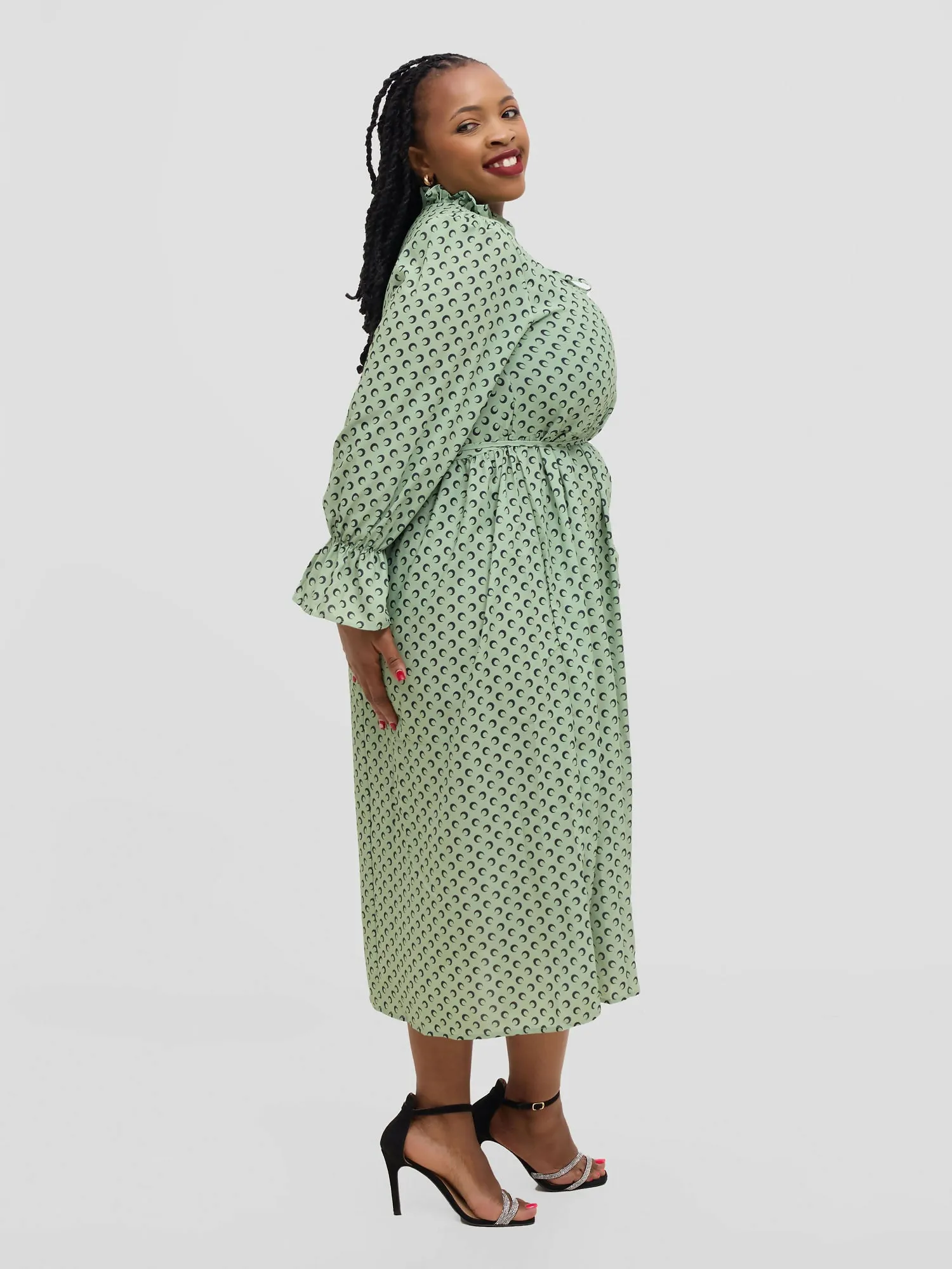 Hessed Polka Dot Ruffle Flare Sleeve Beled Chiffon Dress - Green