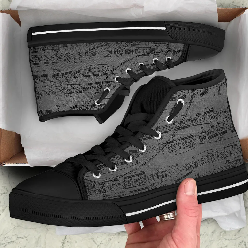 High Top Sneakers - Grunge Music Sheet | Birthday Gifts, Gift Idea, 90s Cool Custom Canvas Shoes, Aesthetic, Unique, Cute, Kawaii Hi Tops