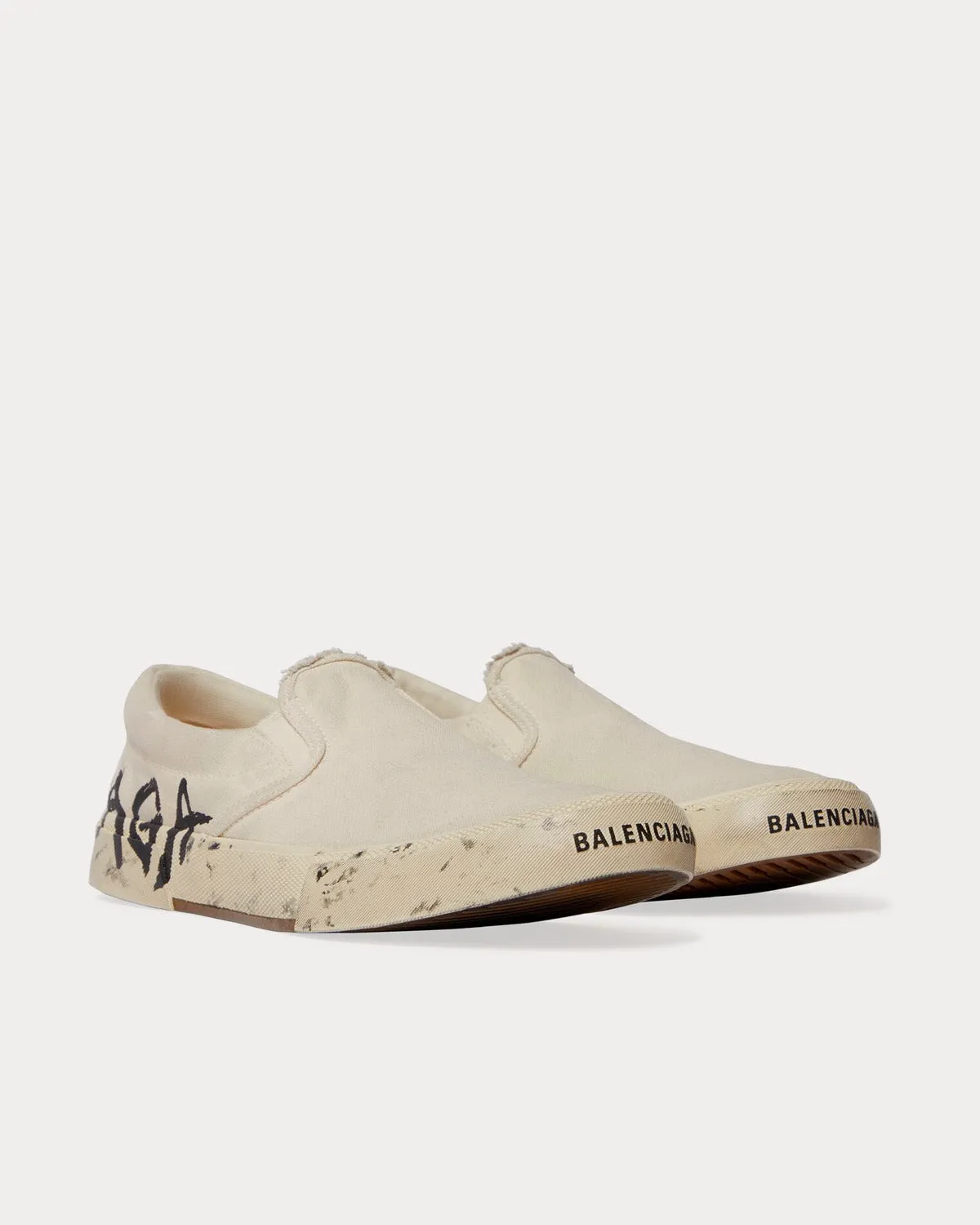 Paris Graffiti Destroyed Cotton White / Black Slip On Sneakers