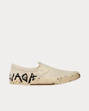 Paris Graffiti Destroyed Cotton White / Black Slip On Sneakers
