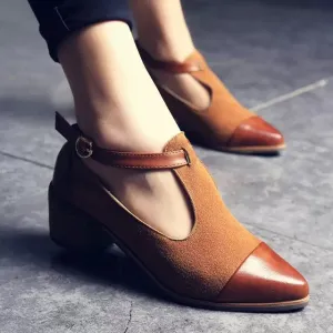 Pointed Toe Ankle Strap Leather and Suede Heeled Shoes