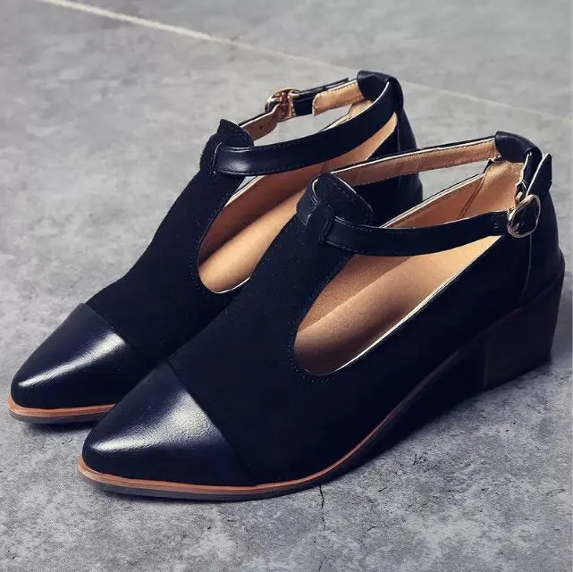Pointed Toe Ankle Strap Leather and Suede Heeled Shoes