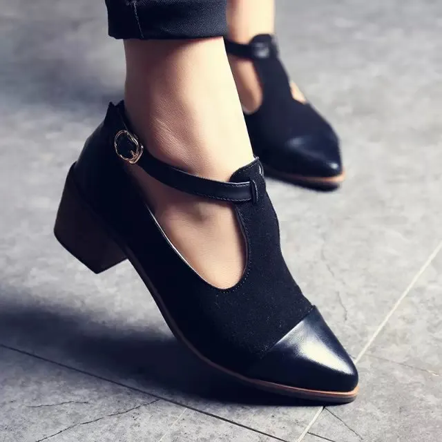 Pointed Toe Ankle Strap Leather and Suede Heeled Shoes