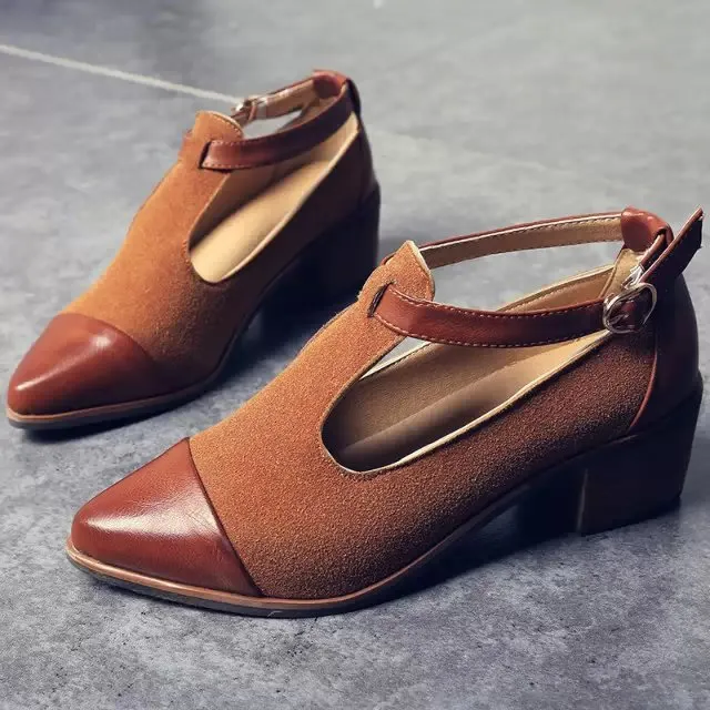 Pointed Toe Ankle Strap Leather and Suede Heeled Shoes