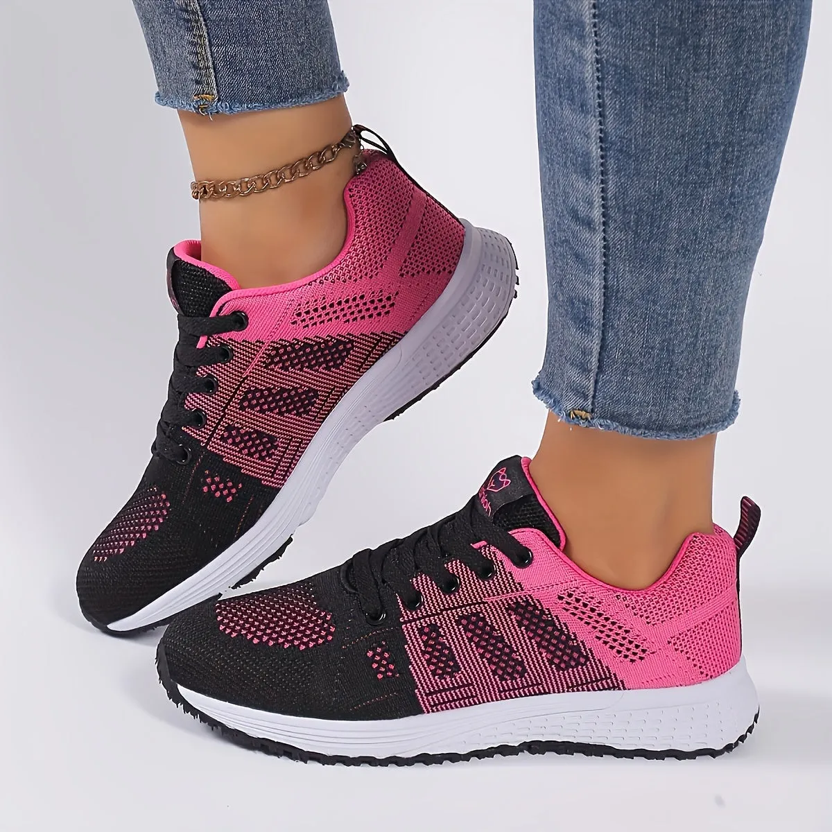 Women's Striped Knit Sneakers, Lightweight Breathable Casual Low Tops