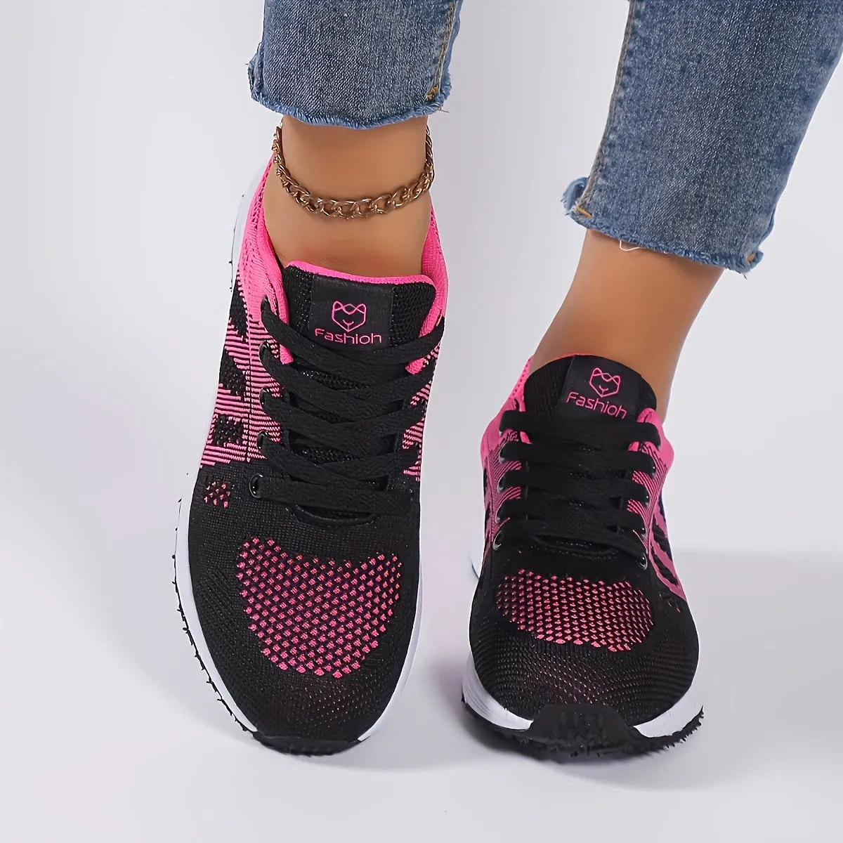 Women's Striped Knit Sneakers, Lightweight Breathable Casual Low Tops